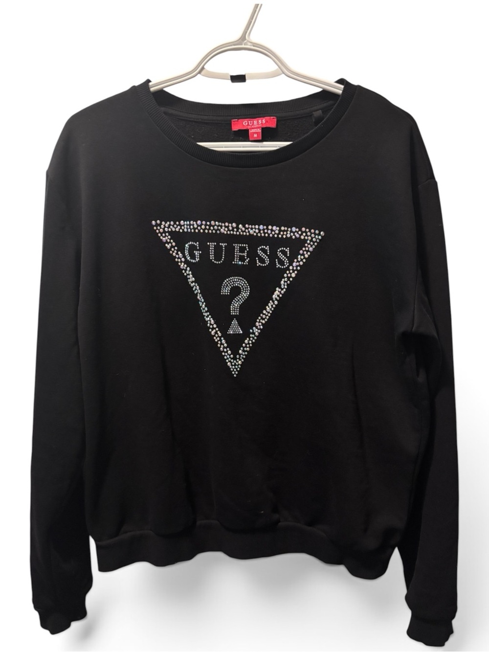 GUESS Black Crewneck Sweater with Rhinestone Triangle Logo size Medium